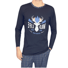 LA PENNA Pánské pyžamo dlouhé kalhoty s dlouhým rukávem tmavě modrá jelen M