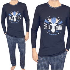 LA PENNA Pánské pyžamo dlouhé kalhoty s dlouhým rukávem tmavě modrá jelen M
