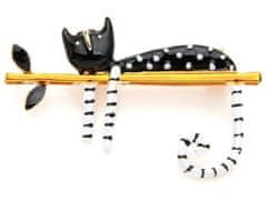 For Fun & Home Brož s motivem černé kočky na větvi, bižuterní slitina, 5x3,5 cm