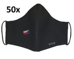 KATCH  50x Dámská / dětská ručně šitá rouška s vlajkou ČR - černá, dvouvrstvá bavlněná