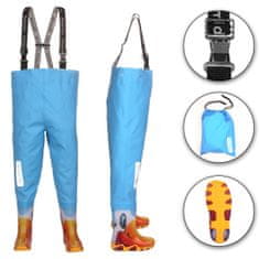 Dětské brodící kalhoty modrá kachňata - nastavitelný pás, odolný postroj, spona FixLock, ochranný oblek, prsačky, kalhotoboty, rybářské kalhoty pro děti, pro teenagery 20 - 35 EU, Modrá kachňata 22/23