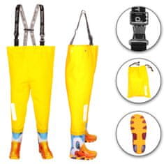 Dětské brodící kalhoty žlutá kachňata - nastavitelný pás, odolný postroj, spona FixLock, ochranný oblek, prsačky, kalhotoboty, rybářské kalhoty pro děti, pro teenagery 20 - 35 EU, Žlutá kachňata 22/23