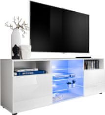 Extreme Furniture T38 Televizní Stolek | Skříňka do Obýváku Se 3 Skleněnými Policemi a 2 dveře | Moderní Design | Praktické Skladování, bílá/lesk