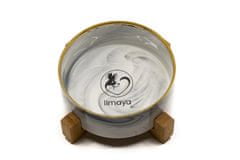 limaya Limaya keramická miska pro psy a kočky žíhaná bílo šedá se zlatým okrajem s dřevěným podstavcem 21 cm
