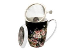 Duo Porcelanový hrnek na čaj s infuzerem Vintage flowers black 380ml v dárkové krabičce