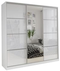Nejlevnější nábytek Šatní skříň LITOLARIS 200 se zrcadlem, 4 šuplíky a 2 šatními tyčemi, bílý lesk
