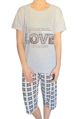 Dámské pyžamo šedé love 3/4 kalhoty kostkované lososové XL