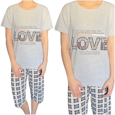 Dámské pyžamo šedé love 3/4 kalhoty kostkované lososové XL